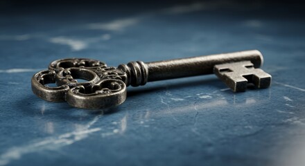 Antique skeleton key resting on a calming blue marbled surface close up