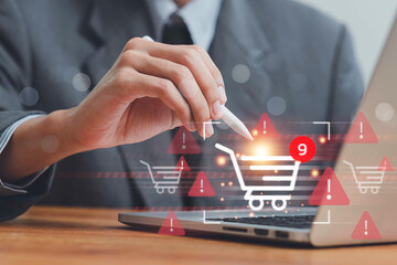 Safety Concepts for Online Shopping, Security alert from scammers. Alert of secure online shopping concept, Warning and danger sign, scam and thief in cybersecurity.