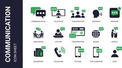 Modern communication icon sheet featuring 15 flat green and black icons for web, UI, and presentations