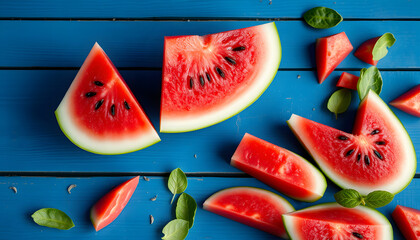 Slices of watermelon on blue wooden desk, mindfulness theme. White tone