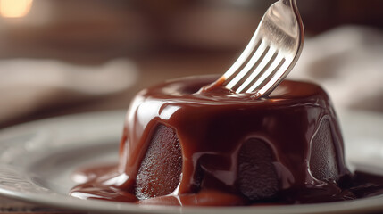 A fork pierces a rich chocolate lava cake covered in glossy melted chocolate sauce