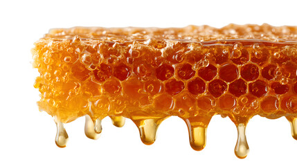 A tight shot of a honeycomb against a pristine white backdrop, with golden honey trickling down its edge