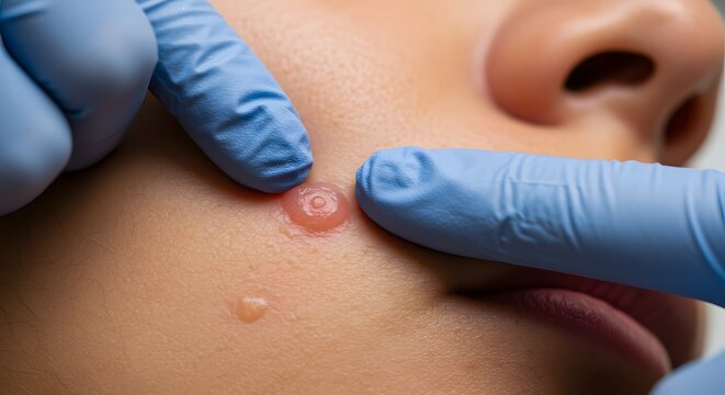 Extreme CloseUp Clinical Inspection of an Umbilicated Viral Papule on Facial Skin.