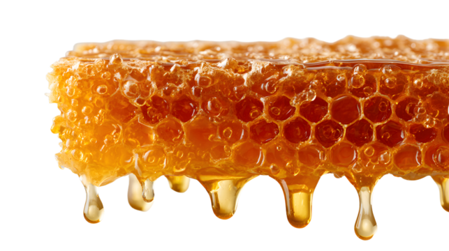 A tight shot of a honeycomb against a pristine white backdrop, with golden honey trickling down its edge
