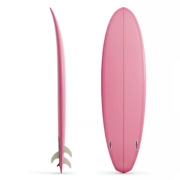 Retro pink longboard surfboard with tri-fin setup showing side profile and bottom view on white background