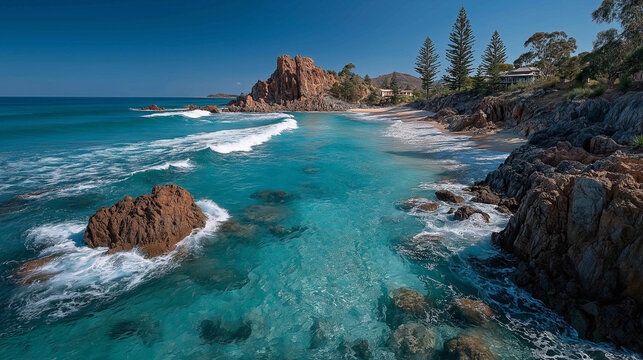 Clear turquoise waves crash against rugged brown rocks on a secluded sandy beach with houses nestled amongst trees - Powered by Adobe