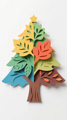 Colorful Paper Cutout Tree Representing the Four Seasons Against a White Background