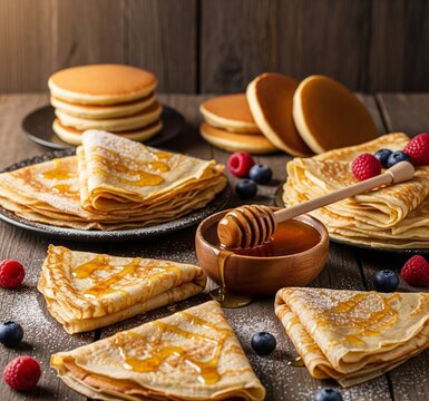 Delicious Pancakes and Crepes with Honey and Fresh Berries on Wood