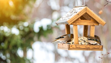 Wooden bird feeder with finches in snowy landscape