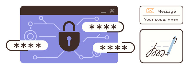 Lock icon on browser window with password entries, secure message with verification code, and digital signature. Ideal for data security, privacy, authentication, encryption, compliance, identity