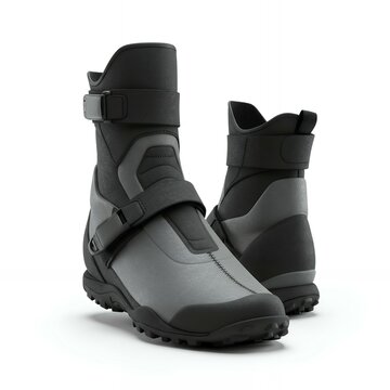 Black and gray neoprene hiking diving boots with adjustable straps and rubber sole for outdoor water sports footwear isolated background