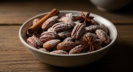 Obraz premium Chocolate Covered Almonds with Cinnamon Stick and Star Anise in White Bowl on Wooden Surface