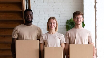 Three young people, two men and one woman, with boxes for moving. Home relocating process with friends and helpers.
