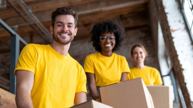 Man and two women smiling while carrying boxes. Happy team with cardboard boxes moving to new house. Relocation service. - Powered by Adobe