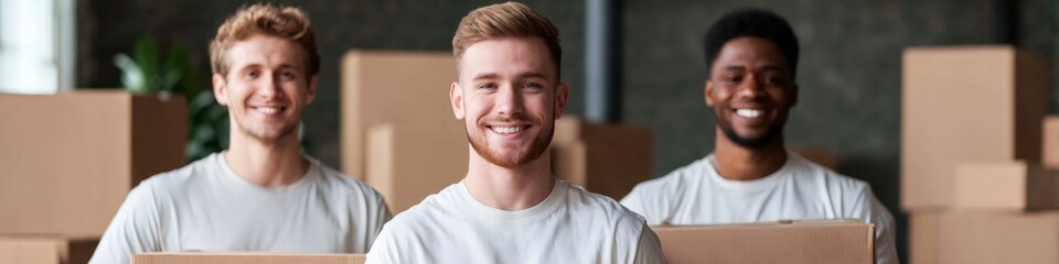 Obraz premium Three men smiling and carrying boxes for moving, showing professional moving and delivery service.
