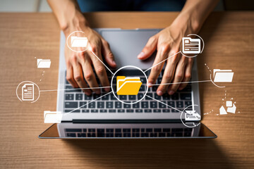 Organized Digital Workspace Concept Featuring Laptop with Folder Icons Representing File Management, Data Organization, and Efficient Workflow in a Professional Setting