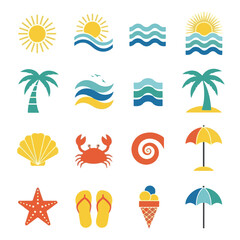Obraz premium Summer Icons: Bright, Colorful Vector Illustrations of Beach, Sea, and Summer Fun