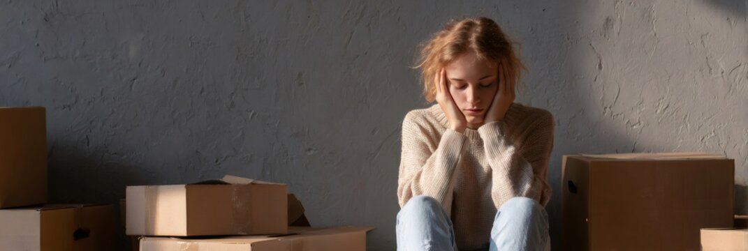 A stressed woman with blonde hair sitting on the floor among cardboard boxes during relocation, concept of moving