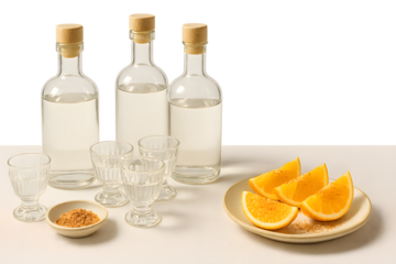 Three bottles of liquor are on a table next to a plate of sliced oranges