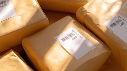 Stack of wrapped boxes with labels, ideal for moving items. Concept of new home essentials or sending parcels.