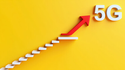 5G Technology Growth Concept with Staircase Leading to 5G Text and Upward Arrow on Yellow Background Showing Technological Advancement