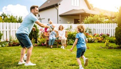Family playing soccer in backyard