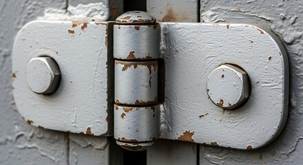 Close-up of an aged metal hinge with peeling paint attached to a door