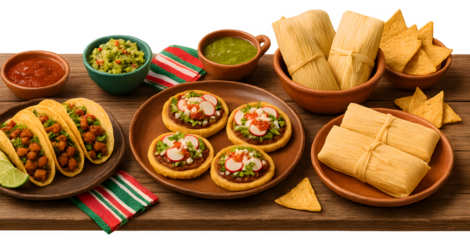 A table with a variety of Mexican food including tacos, tortillas, and chips