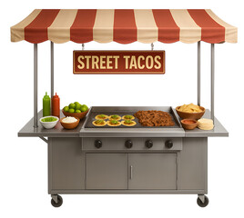 A food cart with a red and white striped canopy