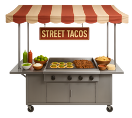 A food cart with a red and white striped canopy