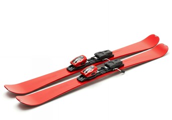 Red alpine downhill skis with black bindings isolated on white background, winter sports equipment for recreational skiing