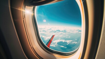 Naklejka premium Captivating Aircraft Windows: Frames of Sky, Clouds, and Landscape Views from Commercial Jets, Featuring Oval Designs, Plexiglass Panes, and In-Flight Perspectives, Ideal for Travel Photography, Aviat