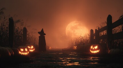 Eerie Halloween Scene: Silhouetted figure in witch attire amid glowing jack-o'-lanterns and misty, moonlit cornfield path.