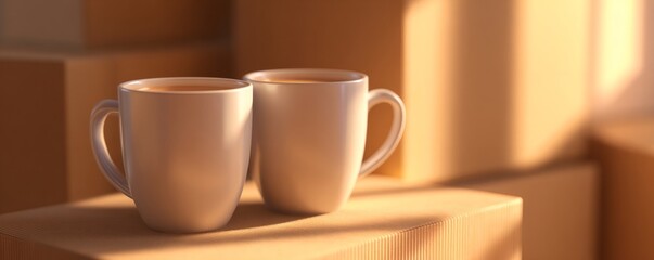 Two white ceramic mugs on a cardboard box, symbolizing a break during moving or new home setup.