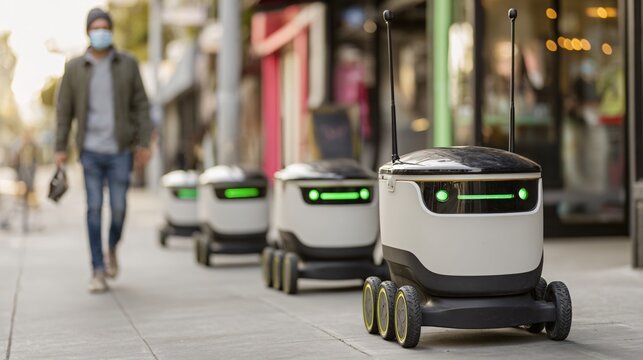 Delivery robots line up on a city sidewalk, ready for autonomous deliveries.