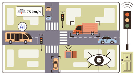 AI system monitors vehicles, speed, sensors, traffic lights, and pedestrians at a busy intersection. Ideal for smart transportation, traffic safety, AI automation, city planning IoT urban mobility