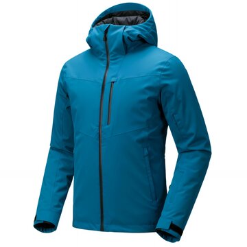 Teal blue technical ski jacket with single chest pocket and hood isolated on white background for men's winter sports apparel product catalog