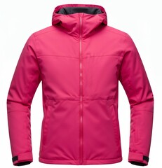 Bright pink waterproof ski jacket with hood and front zipper isolated on white background for womens winter sports apparel