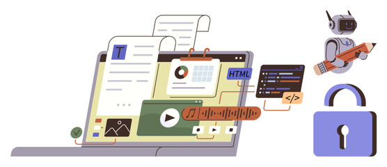 Laptop displaying content elements, charts, HTML code, and media, alongside AI robot and security lock. Ideal for technology, web development, AI, content creation cybersecurity programming simple
