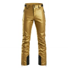 Gold metallic ski pants front view with zippered pockets and adjustable waist, premium winter sports clothing isolated