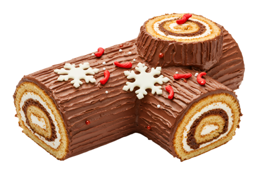 Chocolate Yule Log Cake with festive snowflake and red decorations for holiday celebration - Powered by Adobe