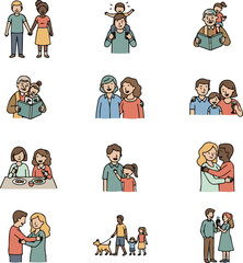 Diverse happy families illustrations, vector set