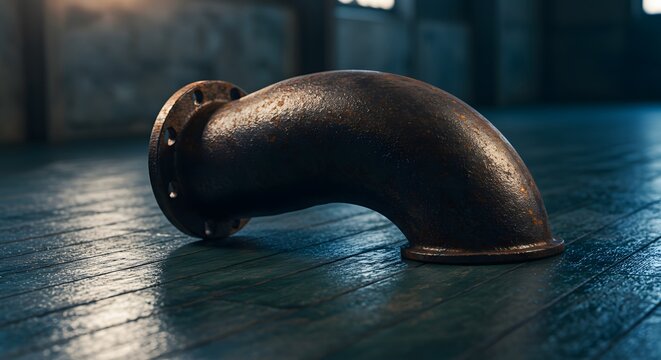 Rusty Industrial Pipe Elbow on Wet Wooden Floor