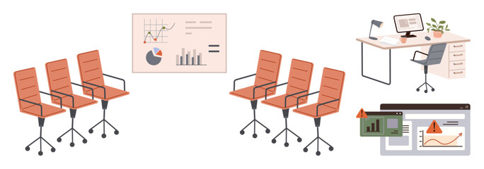Office chairs arranged for a meeting, charts on a board, a desk with a computer, and software error warning icons. Ideal for teamwork, strategy, workplace, analytics, planning troubleshooting