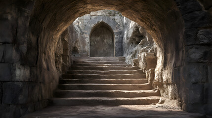 Stone stairway leading to closed door in ancient ruins