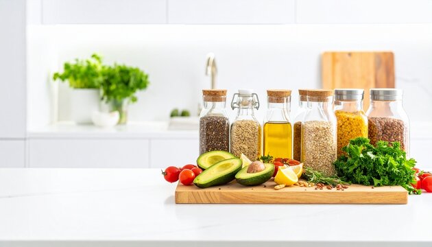 Bright airy, modern kitchen with white marble countertop, wooden cutting board with slice avocado, cherry tomatoes, lemon wedges, and fresh herbs, sustainable lifestyle