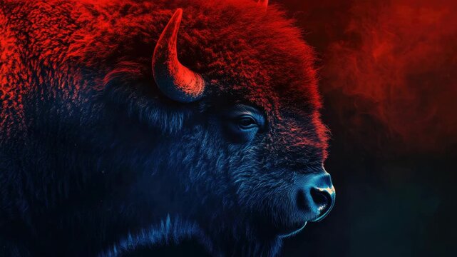 Close-up of buffalo with vibrant red and blue lighting