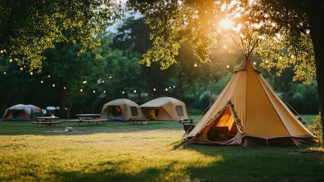 Serene campsite with tents and fairy lights under trees at sunset