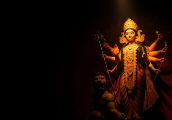Fototapeta premium Intensely lit Hindu goddess Durga statue, captivating detail. Generative Ai