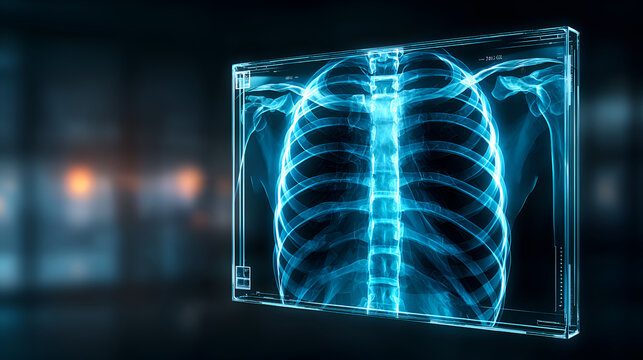 Futuristic interface showing rotating 3d x ray of human rib cage